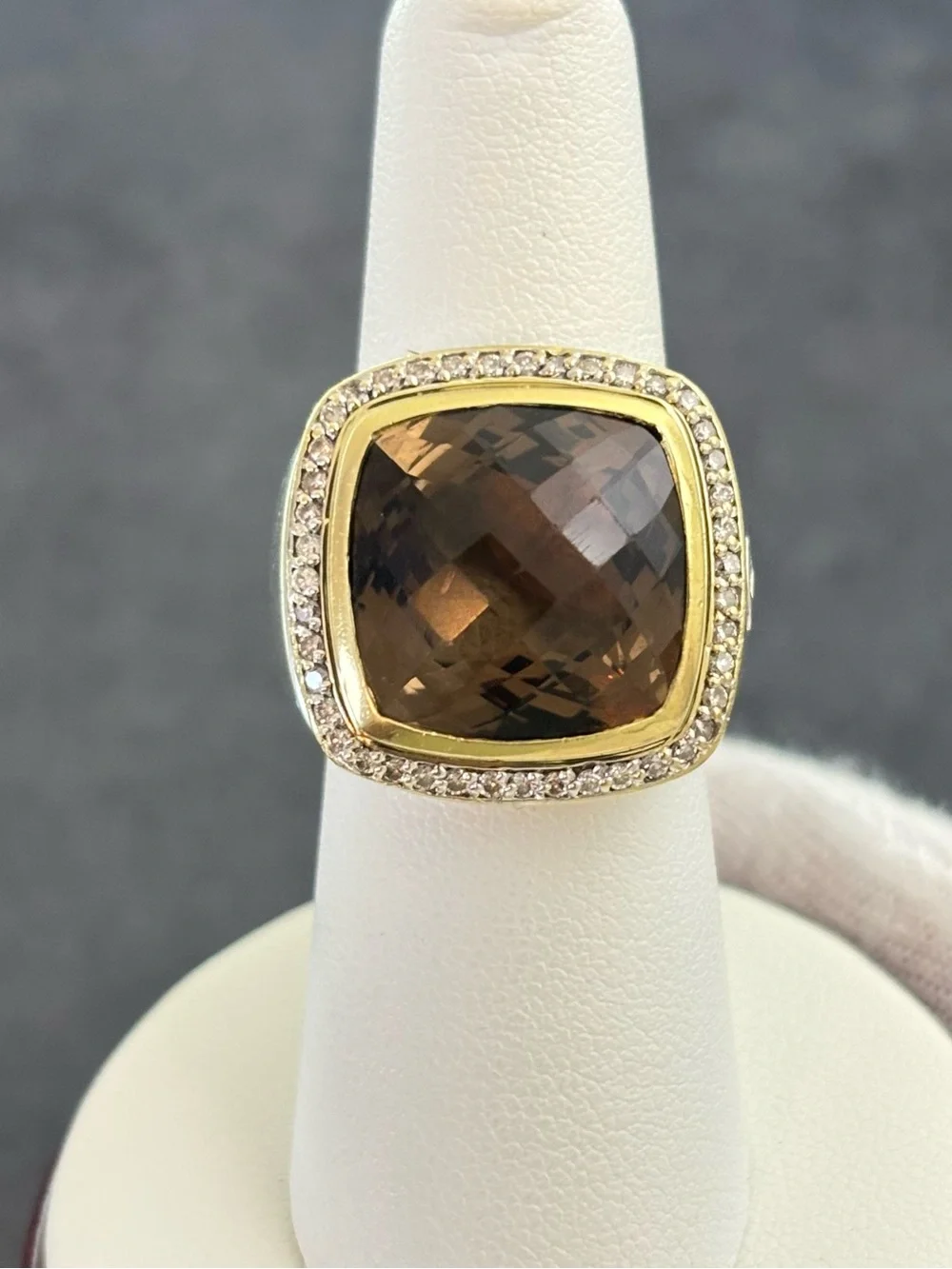 David Yurman 925 & 18k Gold 14mm Albion Ring with Smoky Quartz & Diamonds 7